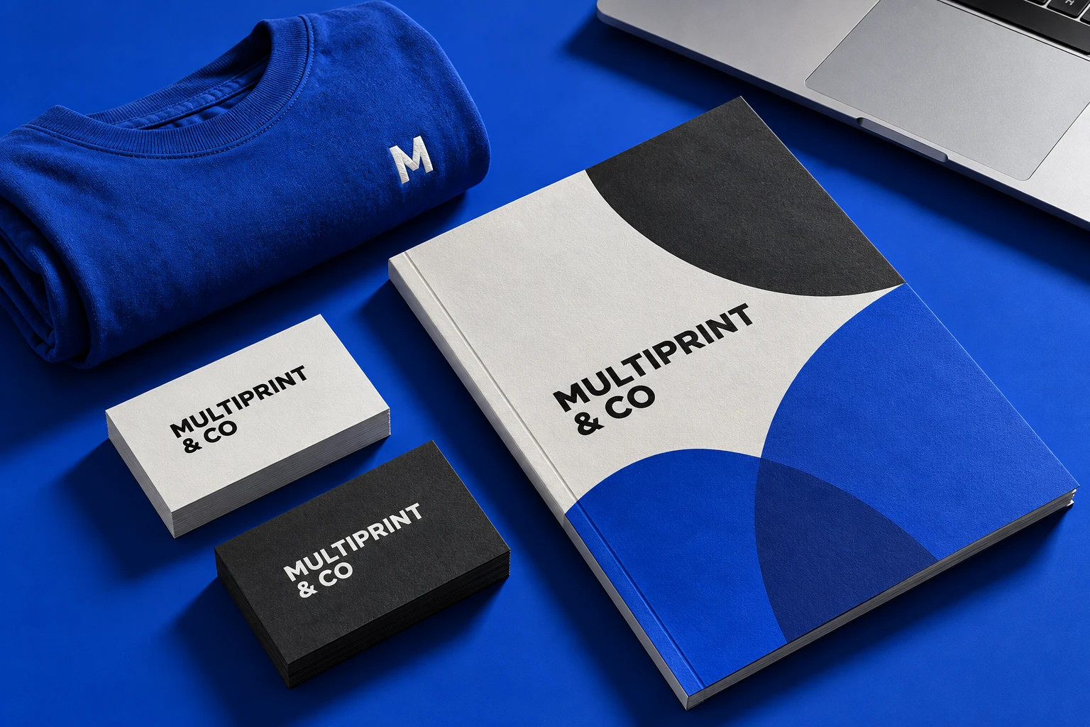 Illustrative Multiprint & Co brand concept with coordinated stationery, a company profile and branded clothing on a blue studio backdrop